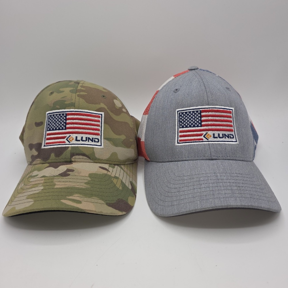 (×2)  Richardson Lund Hat‎ USA Flag Trucker Camo Flexfit Snapback Patriotic 112